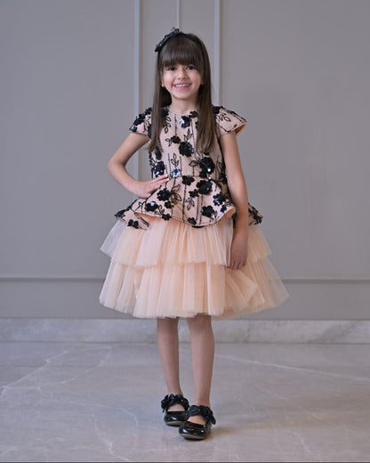 Peach Black Sequence Double Layer Dress