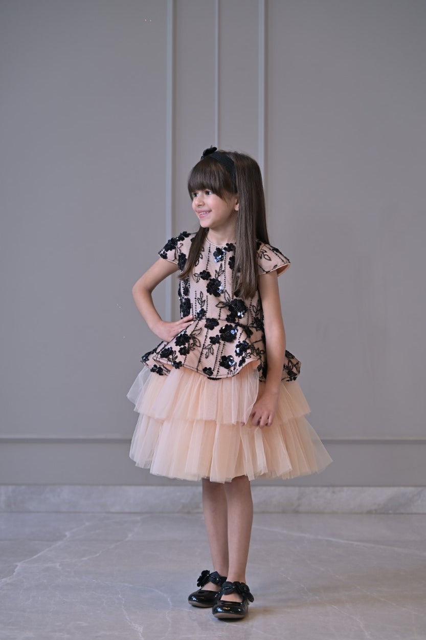 Peach Black Sequence Double Layer Dress