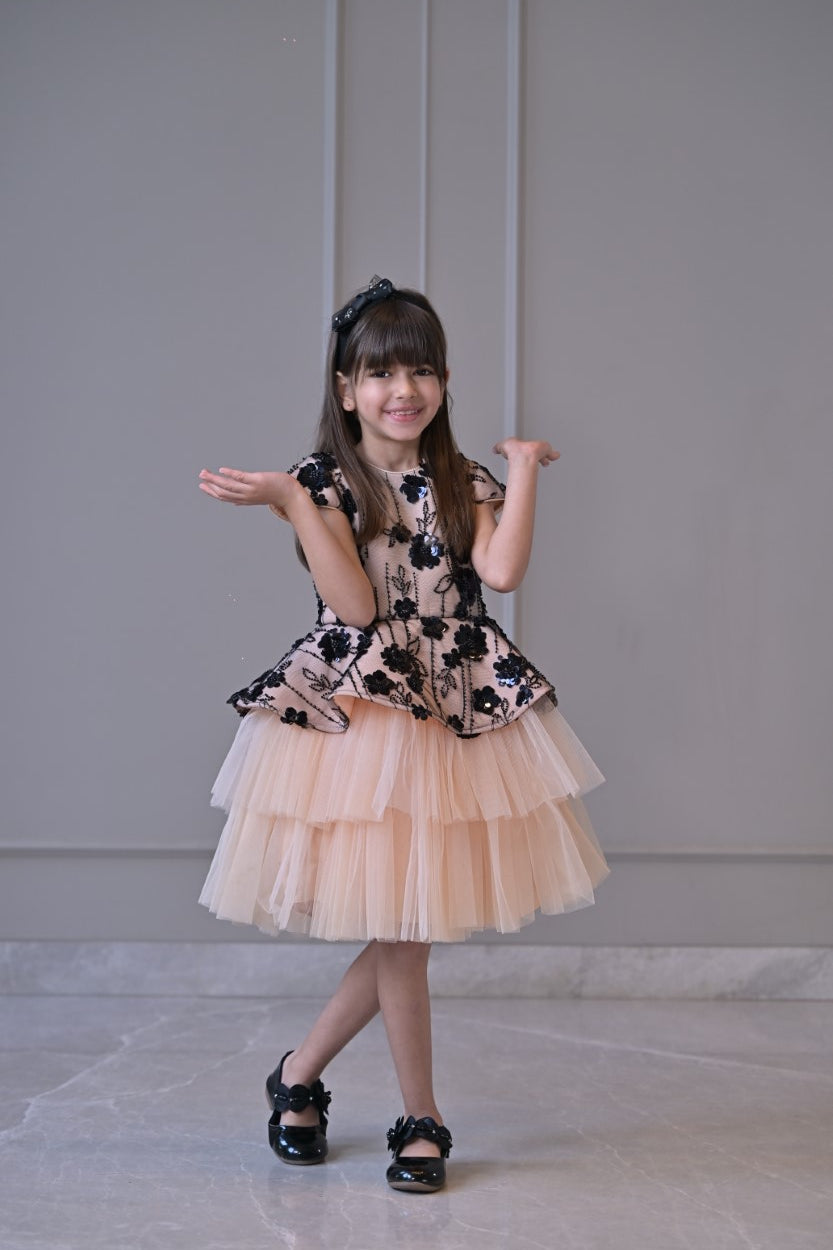 Peach Black Sequence Double Layer Dress