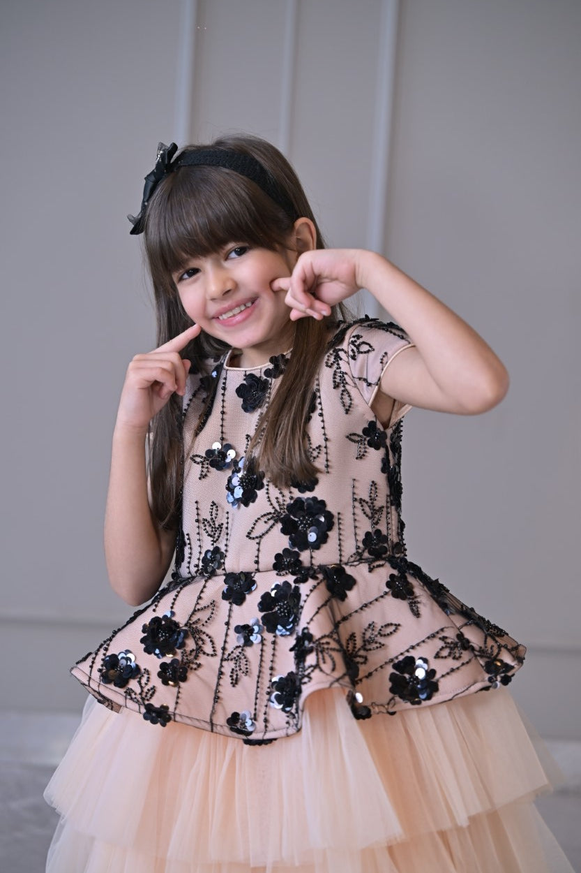 Peach Black Sequence Double Layer Dress