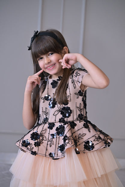 Peach Black Sequence Double Layer Dress