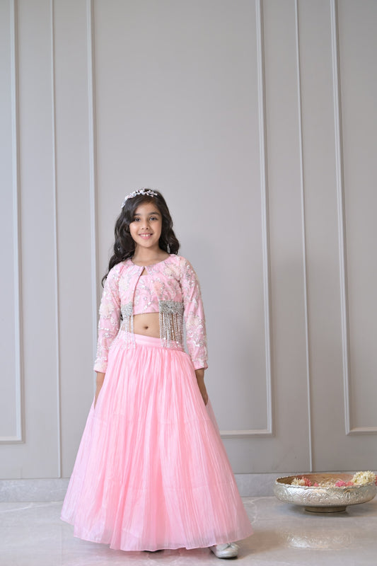 Baby Pink Embroidered Silver Tassel Shrug Lehenga Set