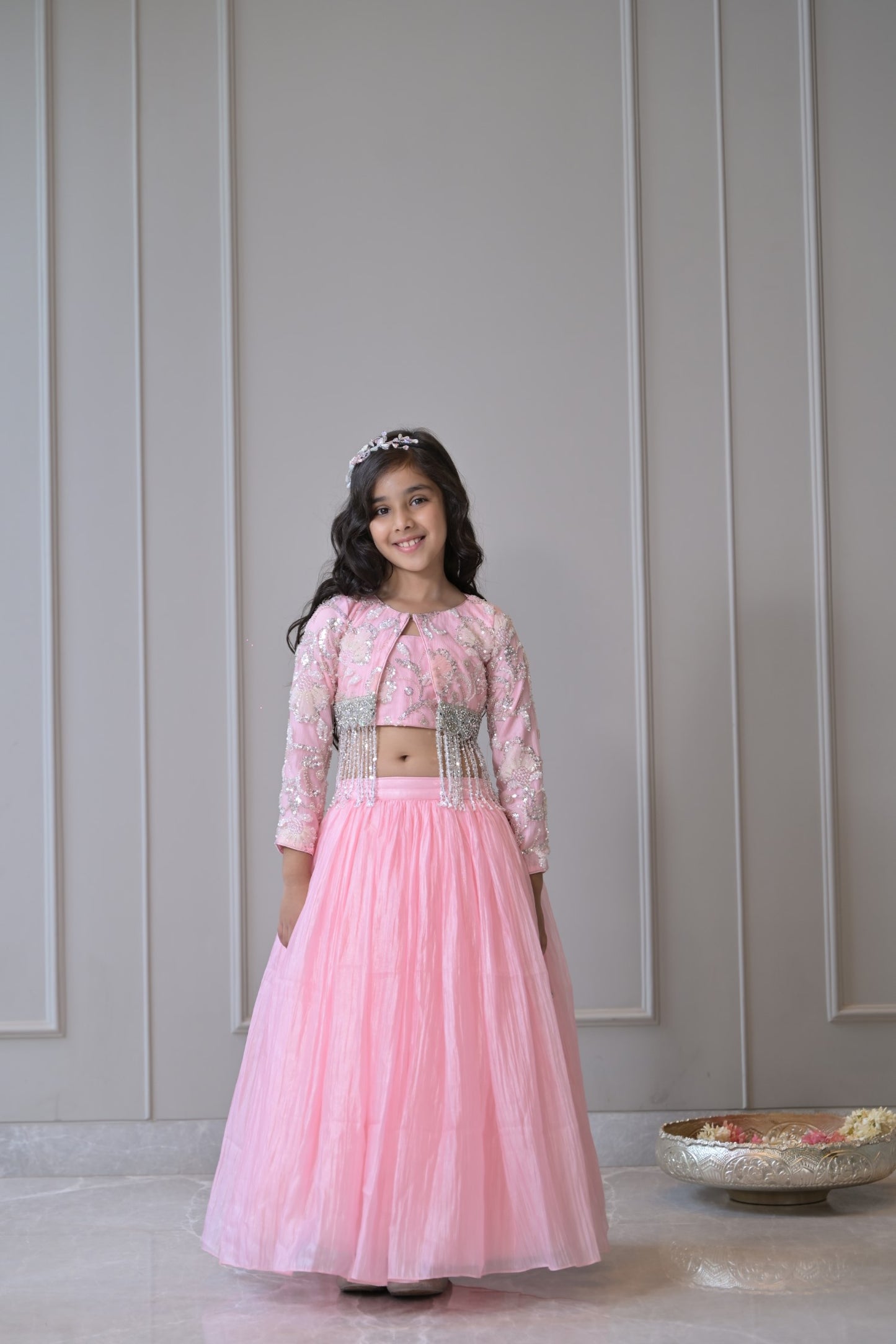 Baby Pink Embroidered Silver Tassel Shrug Lehenga Set