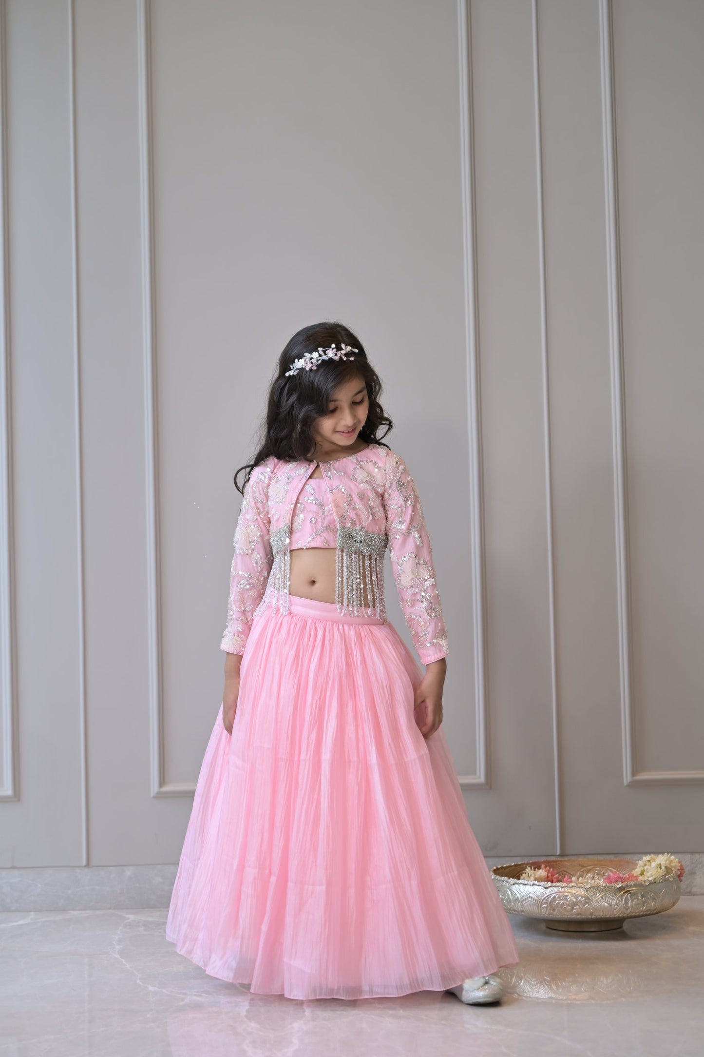 Baby Pink Embroidered Silver Tassel Shrug Lehenga Set