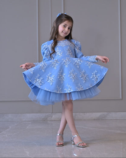 Powder Blue Embroidered Full Peplum Dress