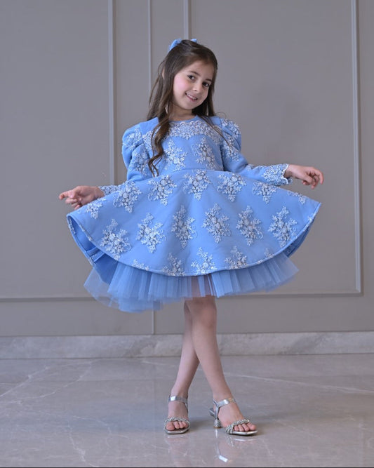 Powder Blue Embroidered Full Peplum Dress