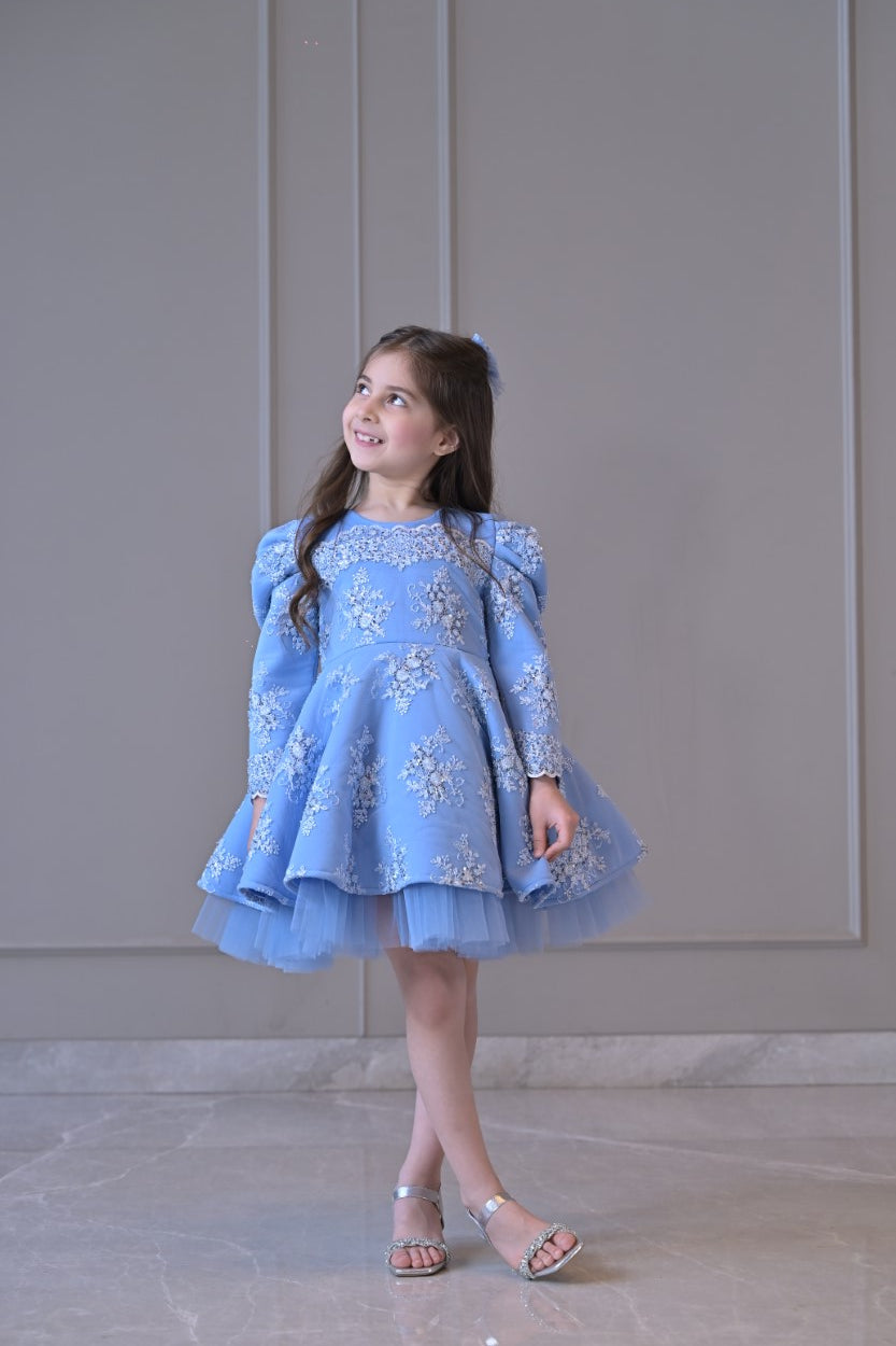Powder Blue Embroidered Full Peplum Dress
