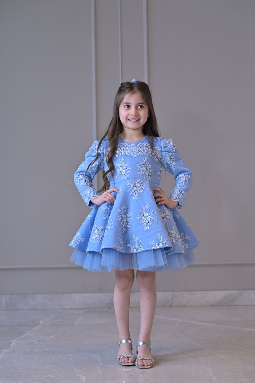 Powder Blue Embroidered Full Peplum Dress