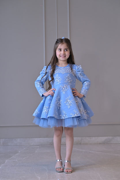 Powder Blue Embroidered Full Peplum Dress