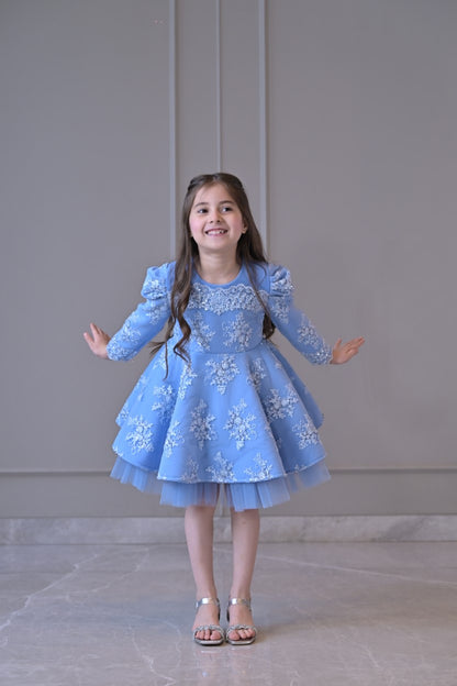 Powder Blue Embroidered Full Peplum Dress