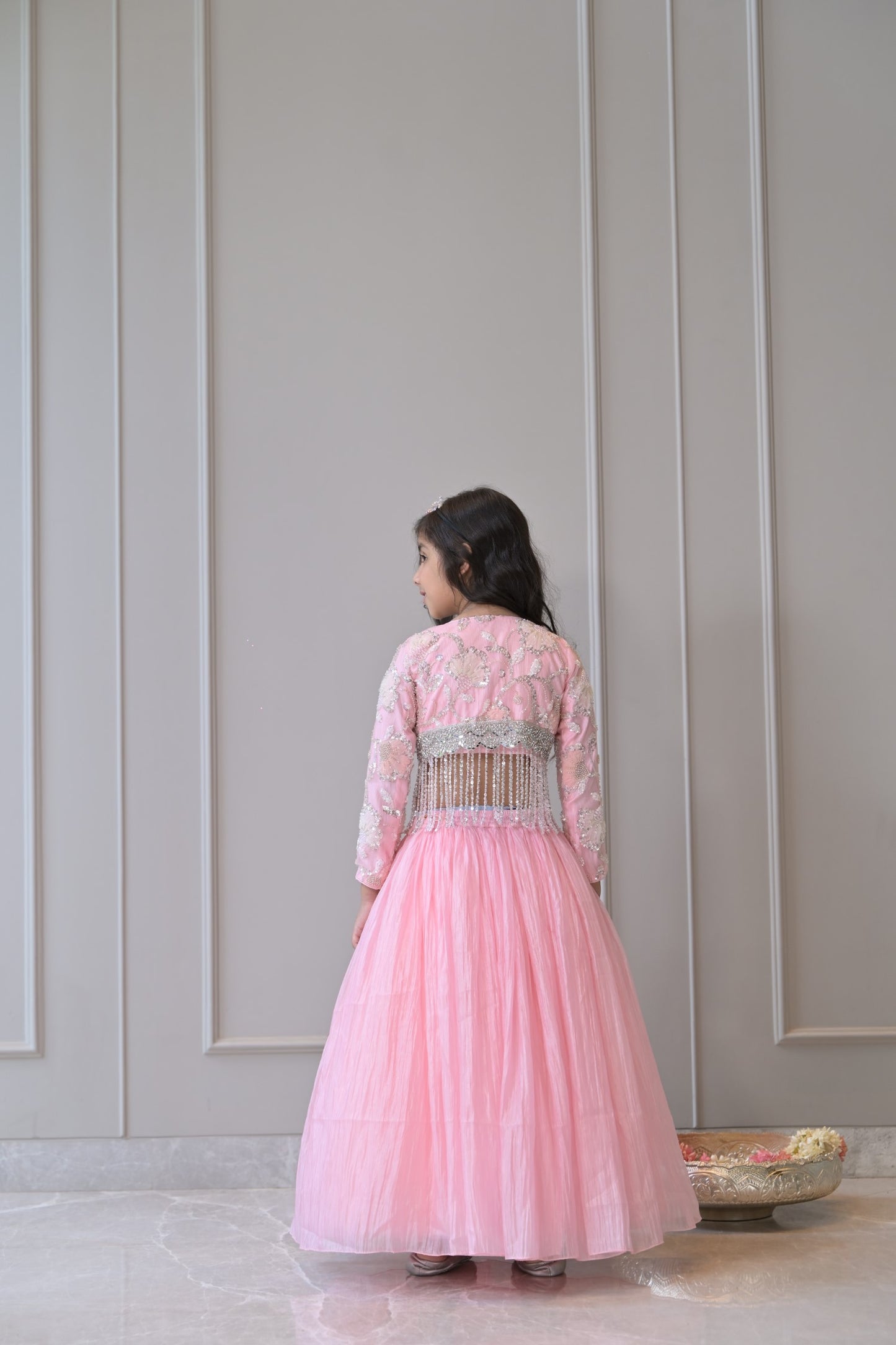 Baby Pink Embroidered Silver Tassel Shrug Lehenga Set