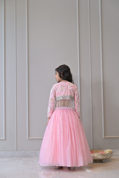 Baby Pink Embroidered Silver Tassel Shrug Lehenga Set