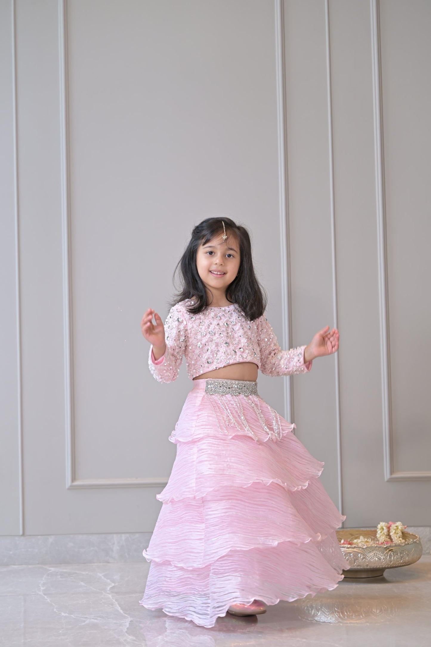 Baby Pink Silver Sequence Organza Pleated Lehenga Set