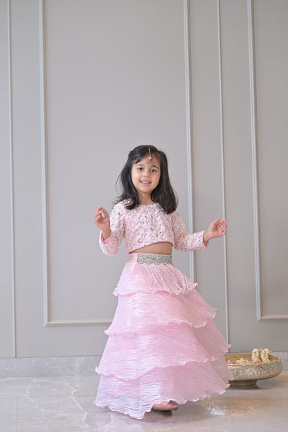 Baby Pink Silver Sequence Organza Pleated Lehenga Set