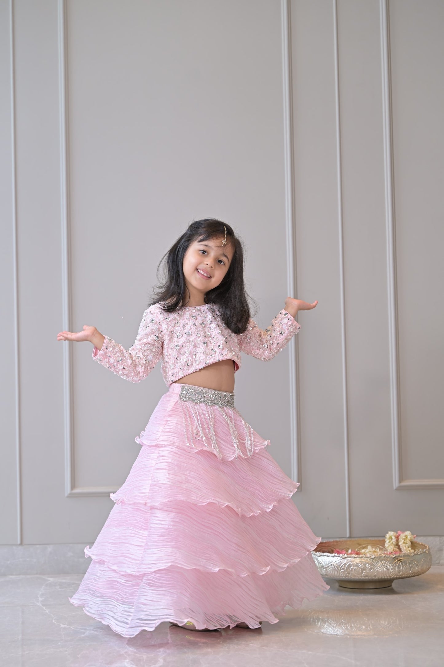 Baby Pink Silver Sequence Organza Pleated Lehenga Set