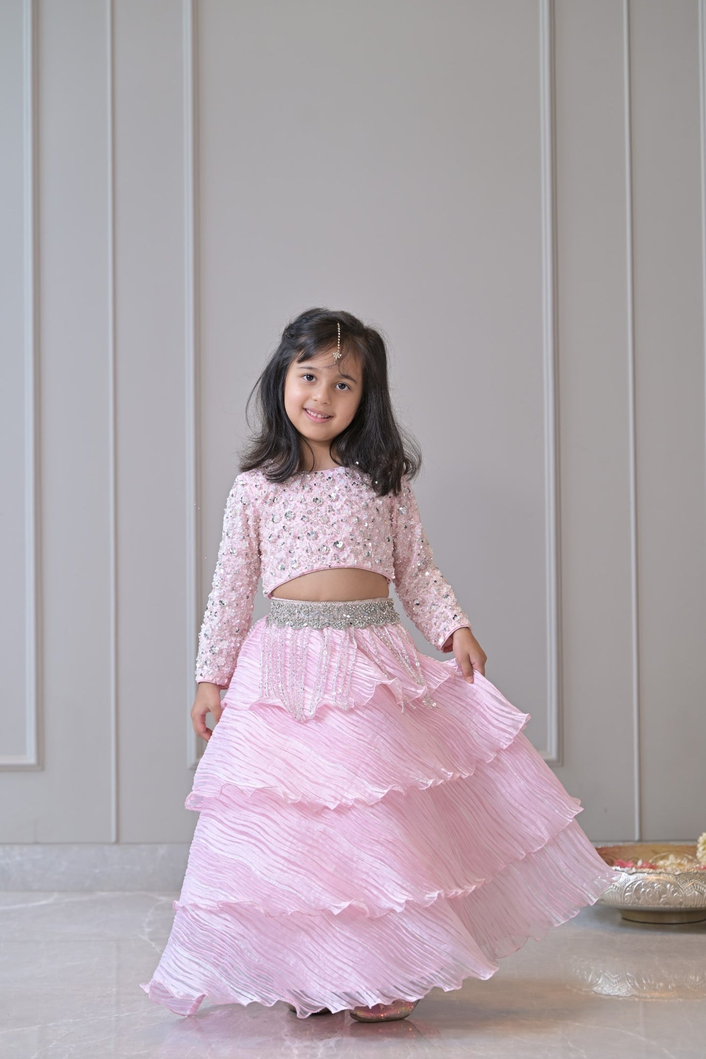 Baby Pink Silver Sequence Organza Pleated Lehenga Set
