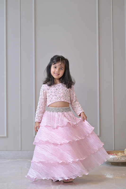 Baby Pink Silver Sequence Organza Pleated Lehenga Set
