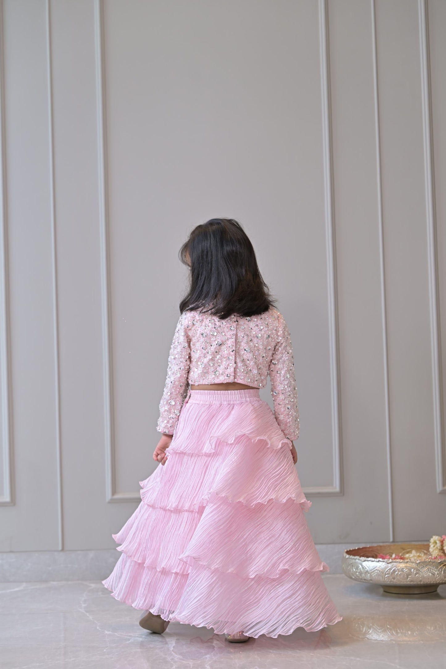 Baby Pink Silver Sequence Organza Pleated Lehenga Set