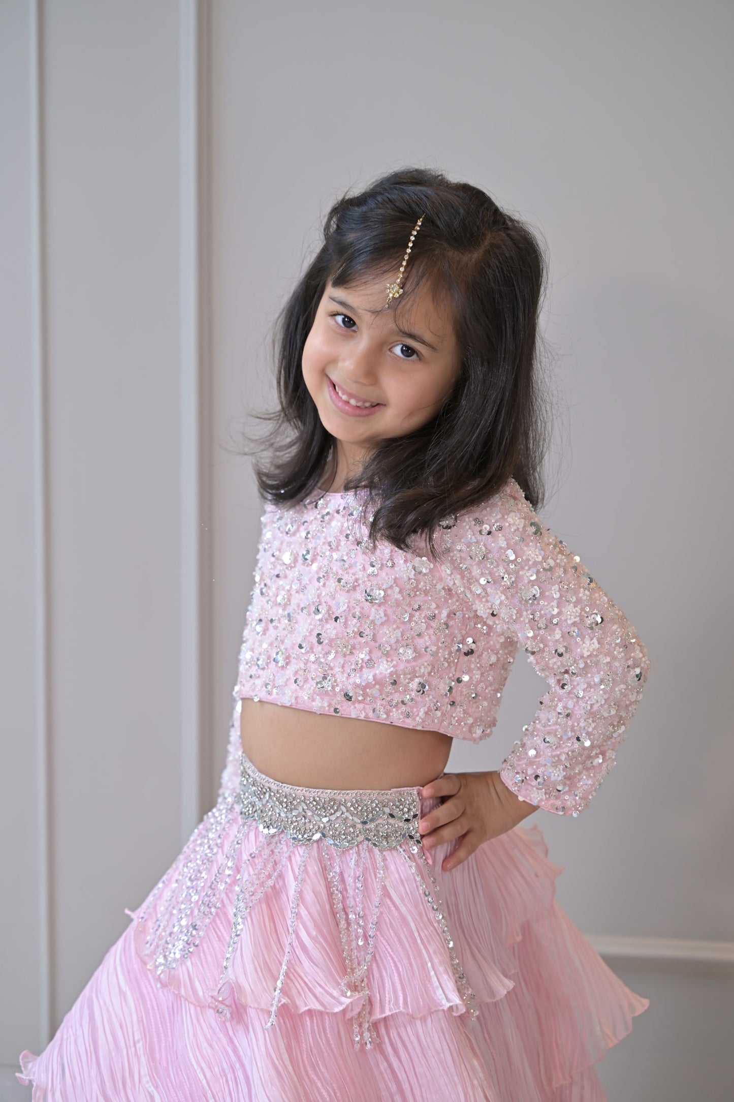 Baby Pink Silver Sequence Organza Pleated Lehenga Set
