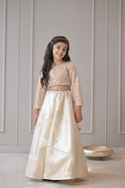 Beige Silver Gold Embroidered Lehenga Set