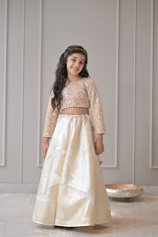 Beige Silver Gold Embroidered Lehenga Set