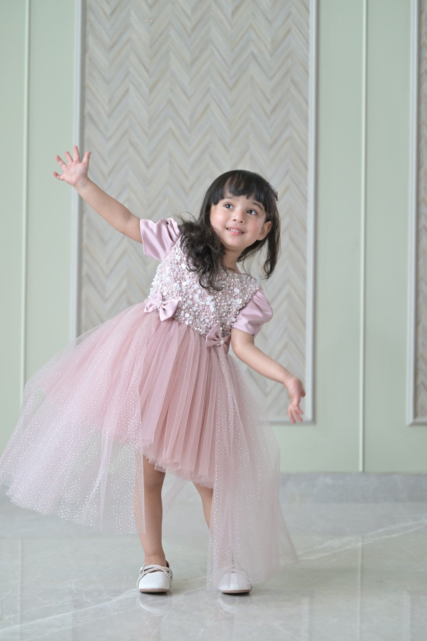 Nude Satin Pearl Dress With Back Flair