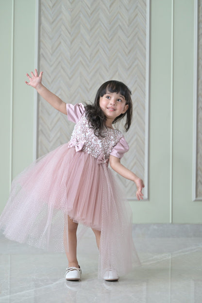 Nude Satin Pearl Dress With Back Flair