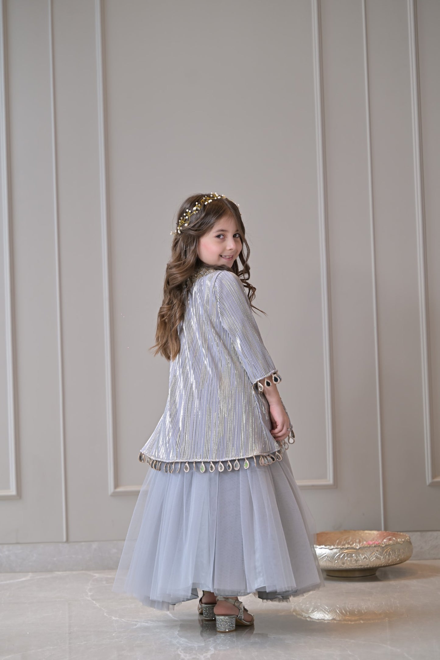 Grey Gold Pleated Mirror Lehenga Set