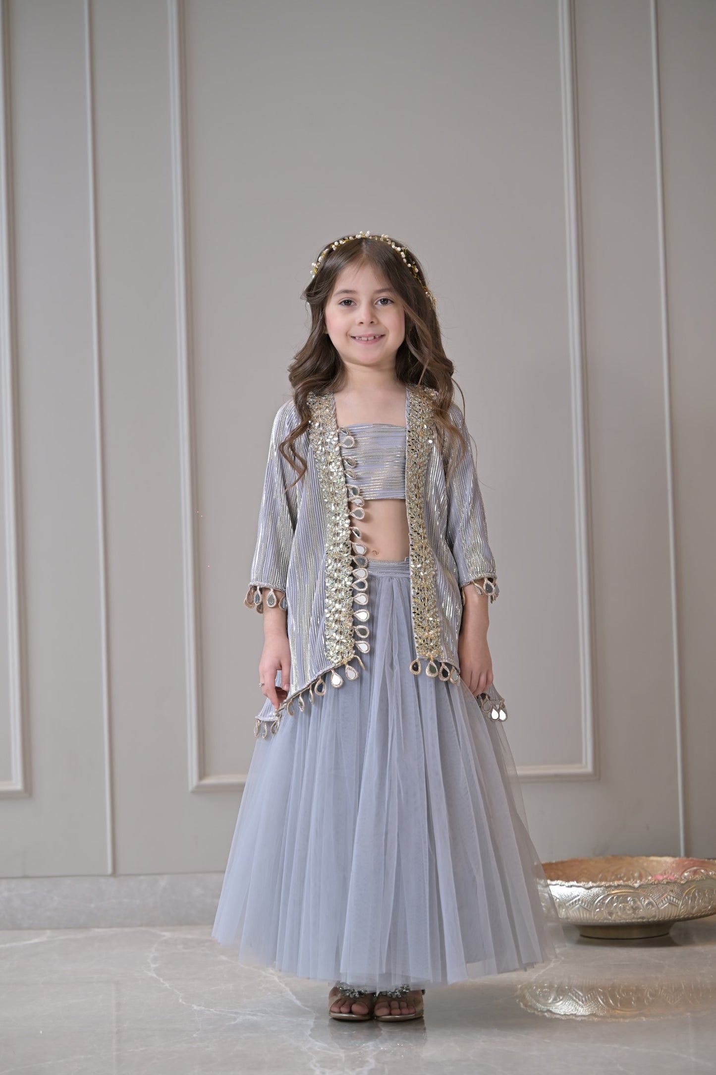 Grey Gold Pleated Mirror Lehenga Set