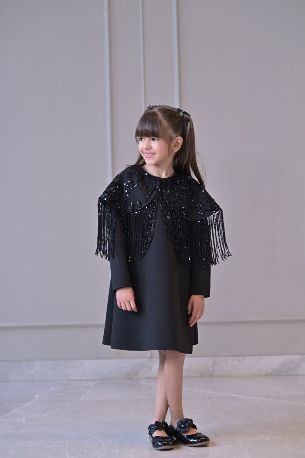 Black Shoulder Cape Frill Dress