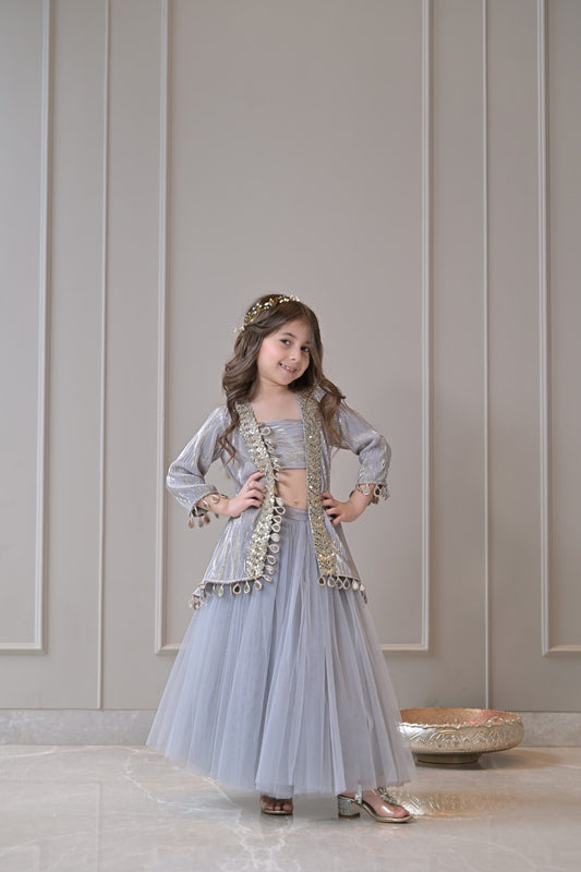 Grey Gold Pleated Mirror Lehenga Set