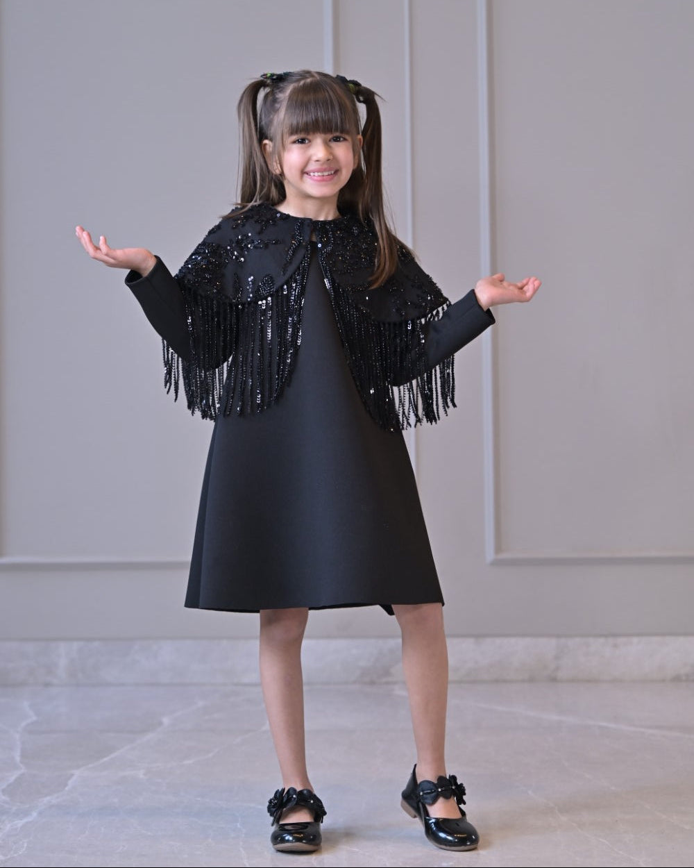 Black Shoulder Cape Frill Dress