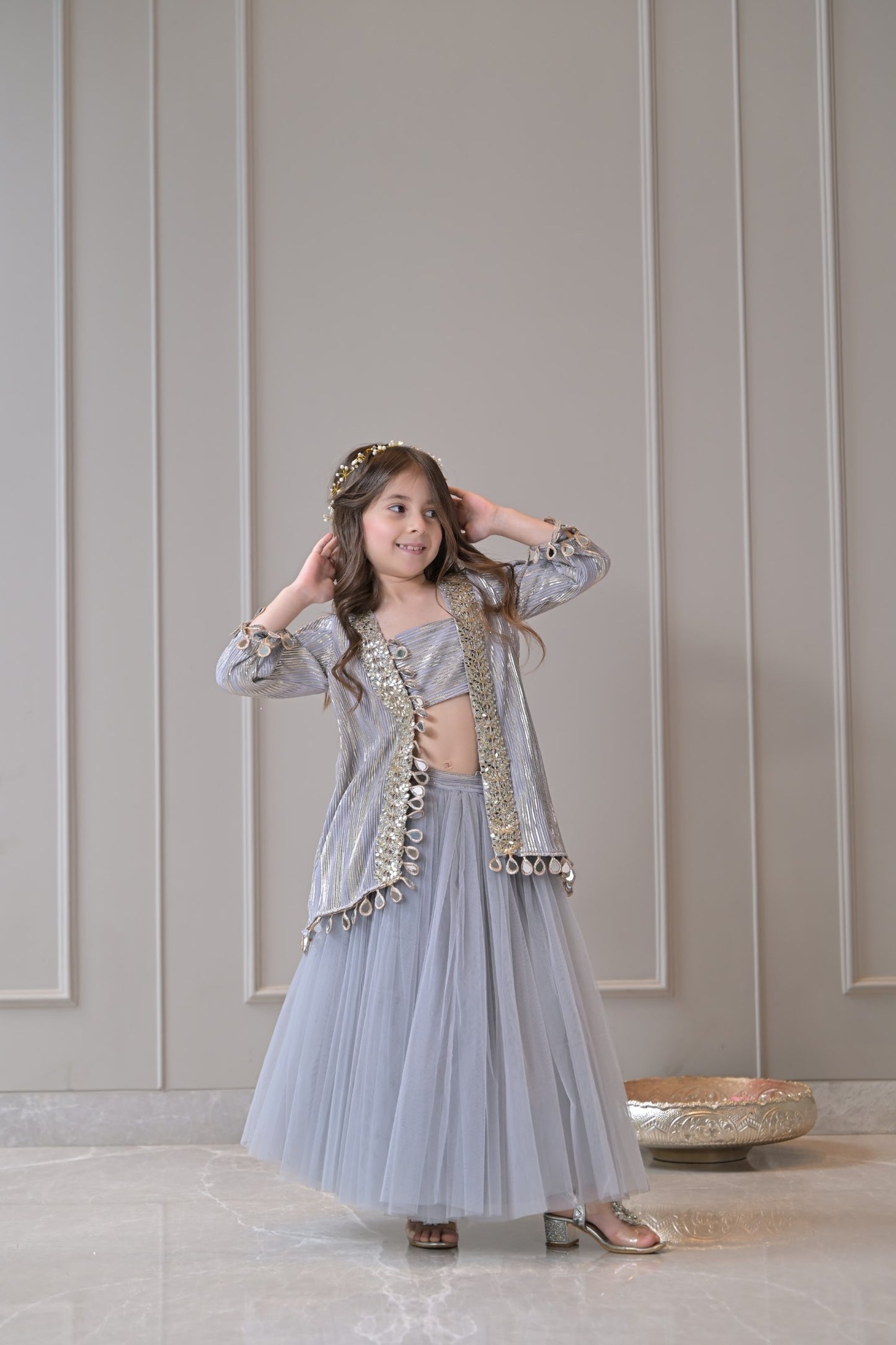 Grey Gold Pleated Mirror Lehenga Set