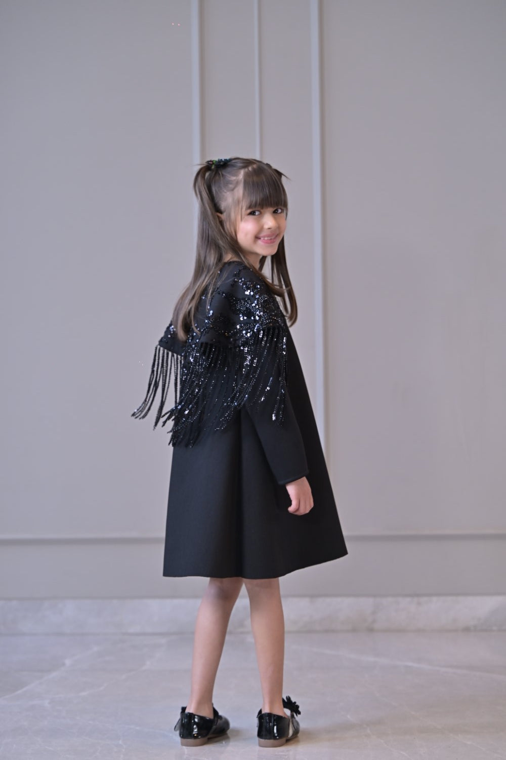 Black Shoulder Cape Frill Dress