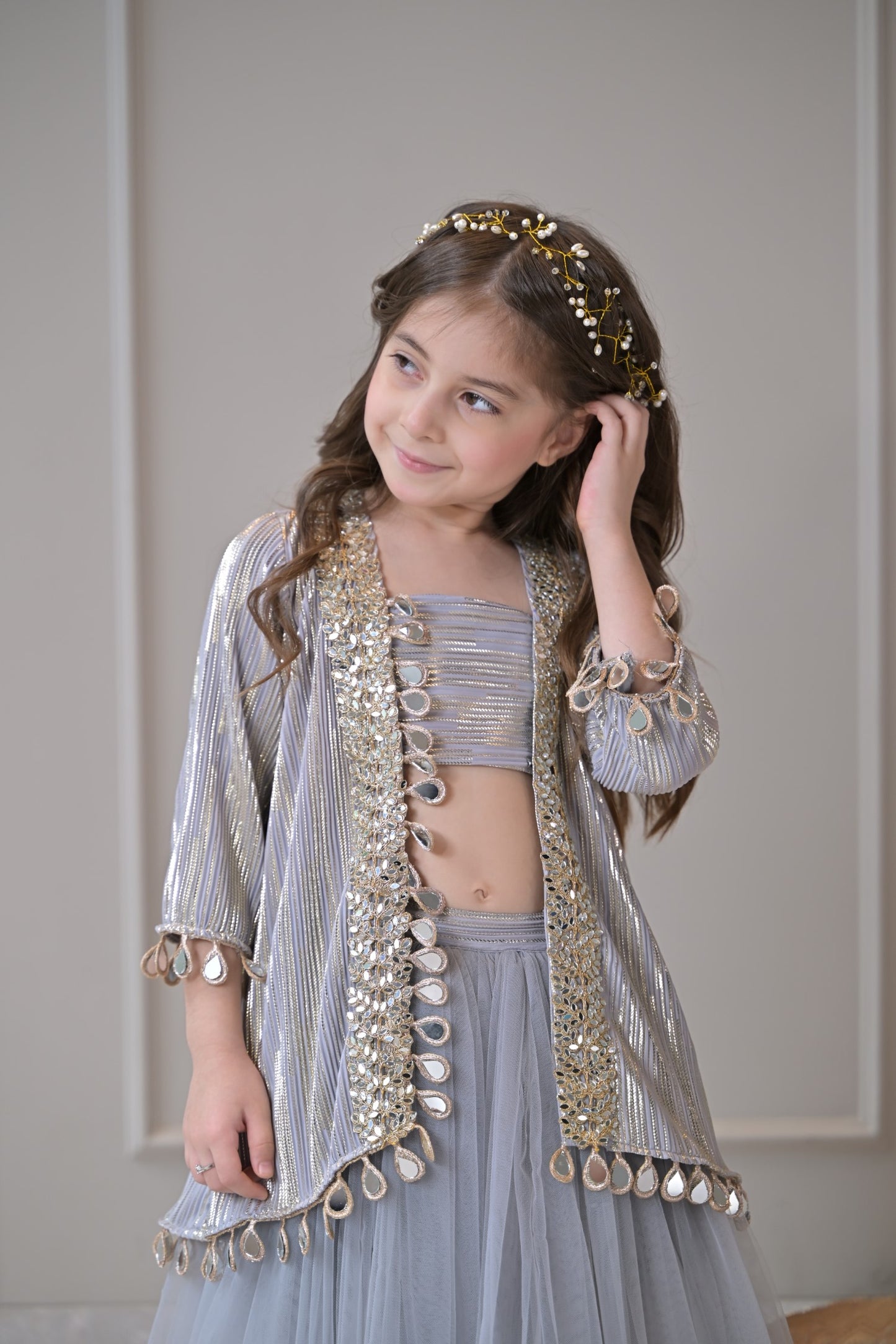 Grey Gold Pleated Mirror Lehenga Set