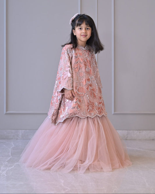 Pink Peach Velvet Scallop Lehenga Set