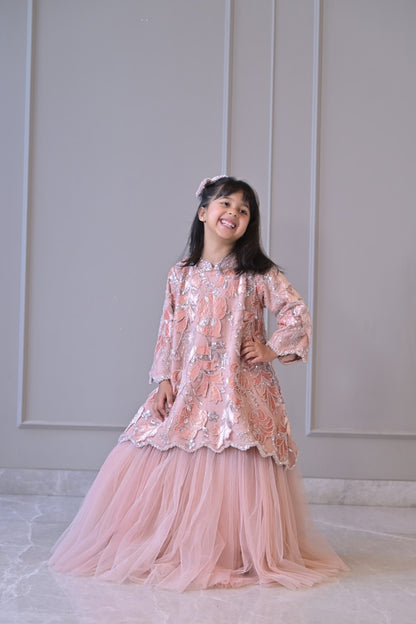 Pink Peach Velvet Scallop Lehenga Set