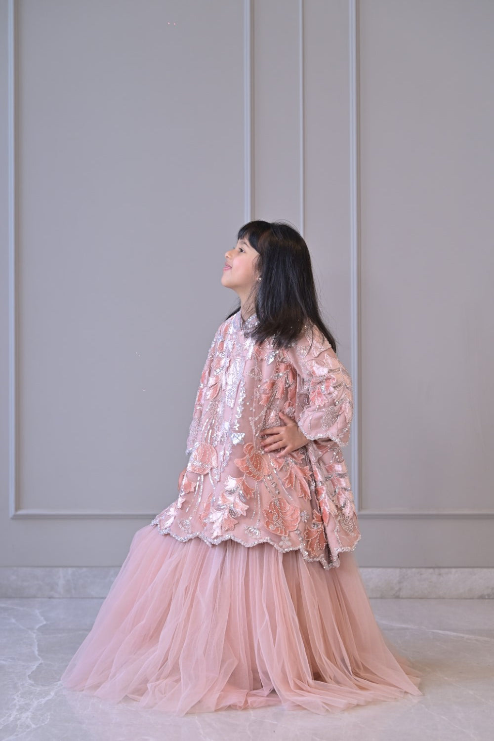 Pink Peach Velvet Scallop Lehenga Set