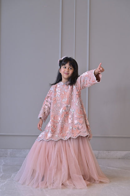 Pink Peach Velvet Scallop Lehenga Set