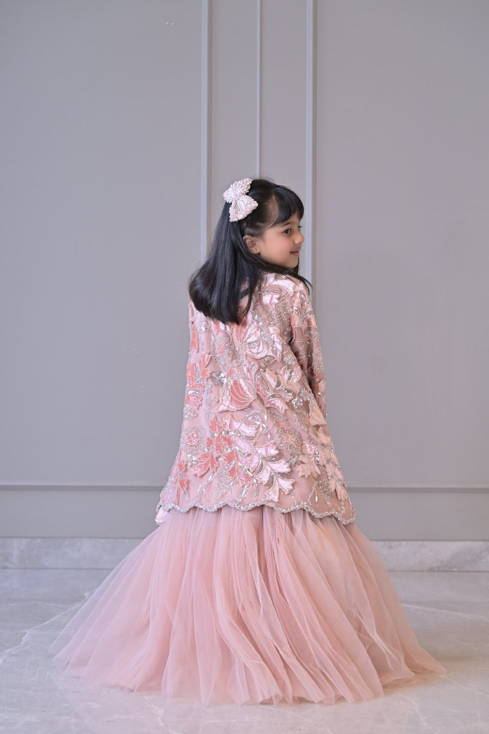 Pink Peach Velvet Scallop Lehenga Set