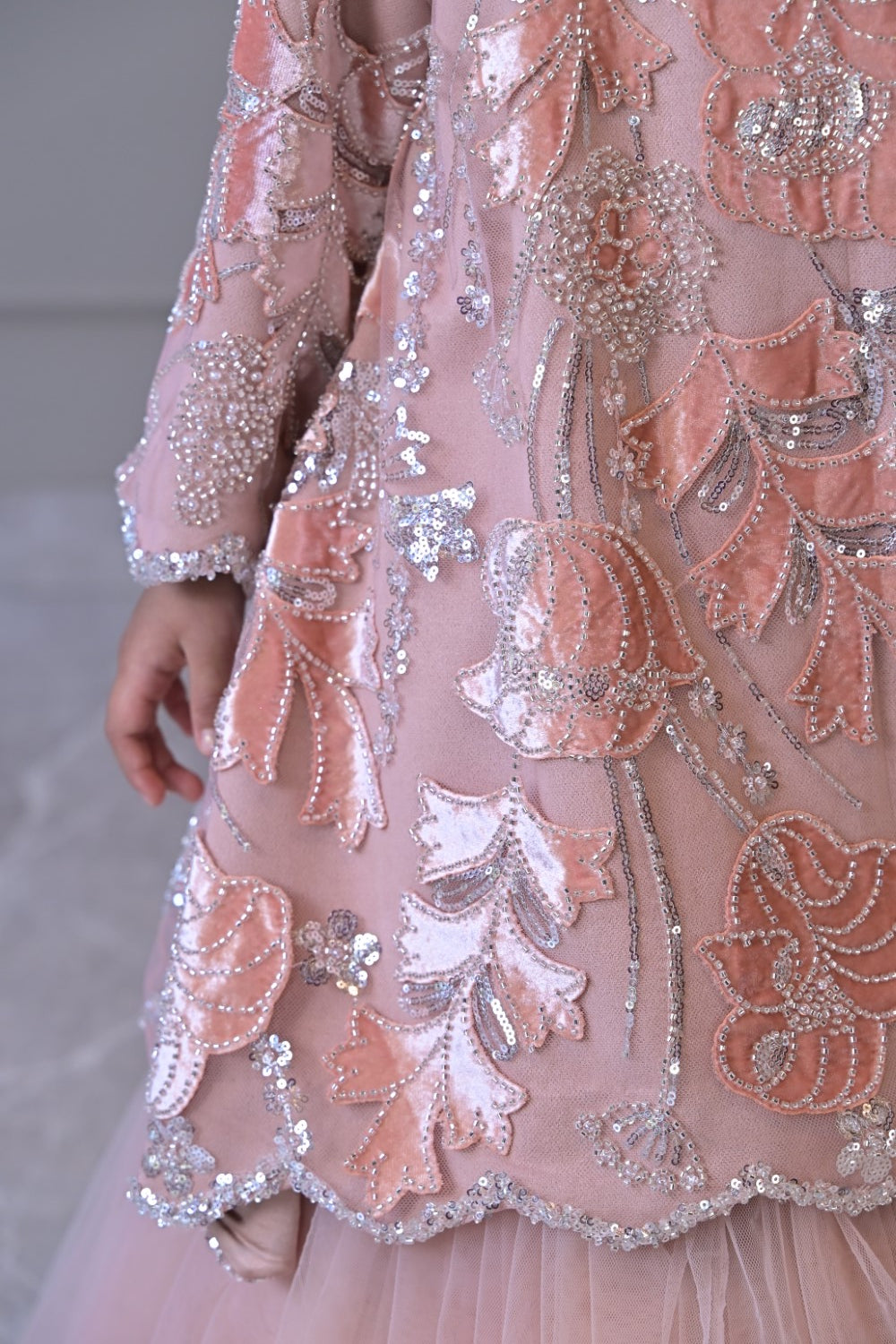 Pink Peach Velvet Scallop Lehenga Set