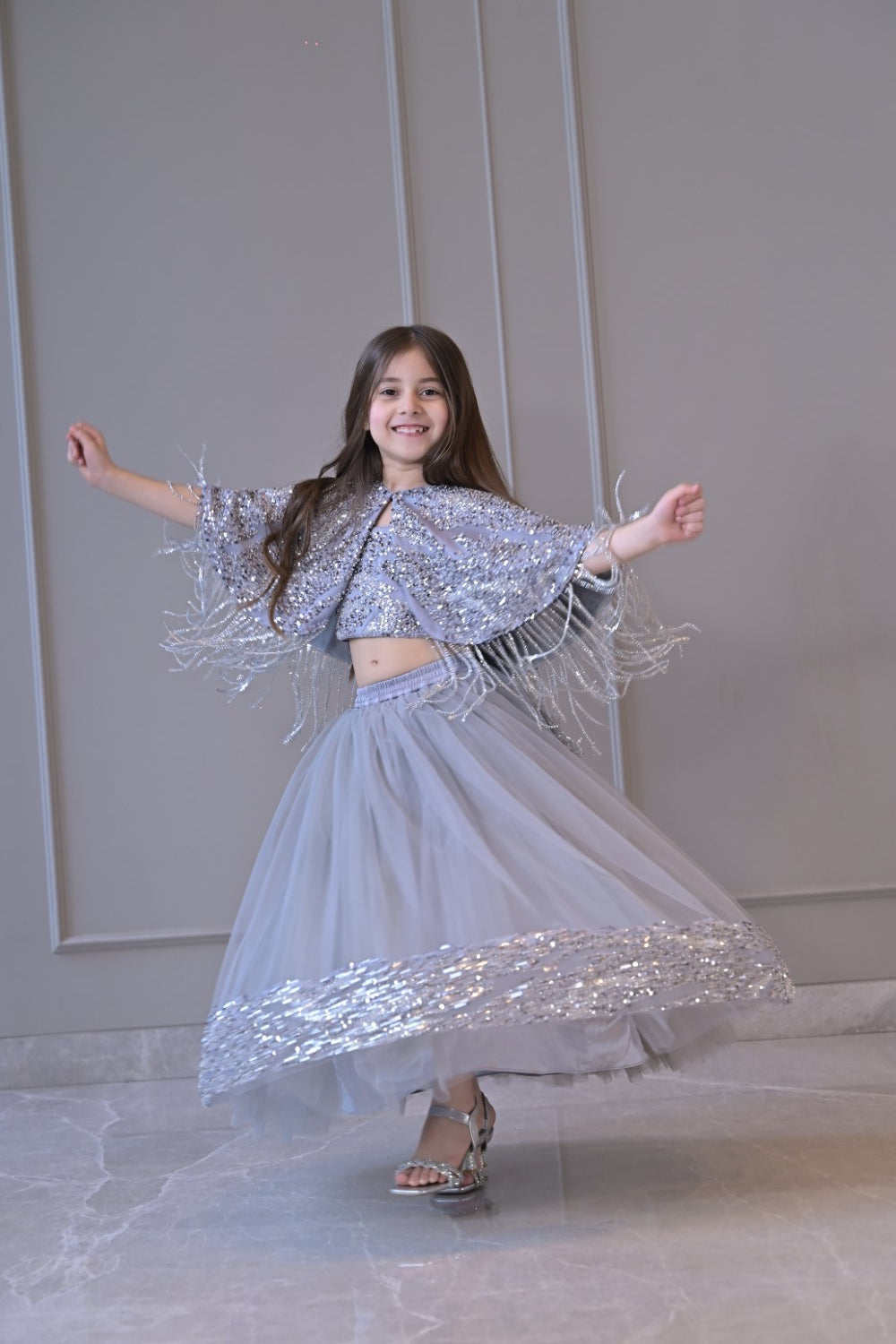 Grey Silver Cape Frill Lehenga Set