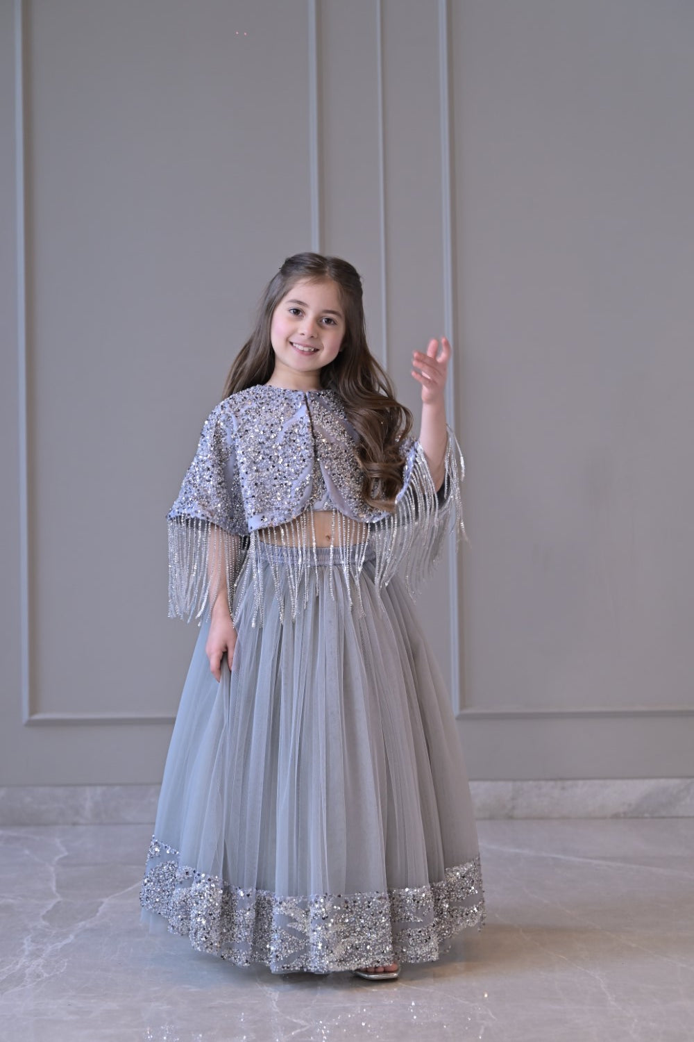 Grey Silver Cape Frill Lehenga Set