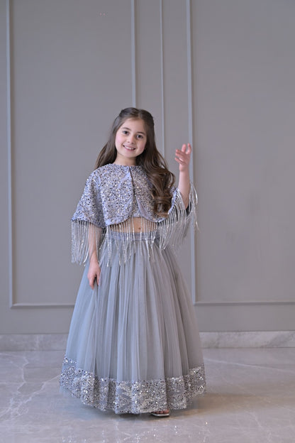 Grey Silver Cape Frill Lehenga Set