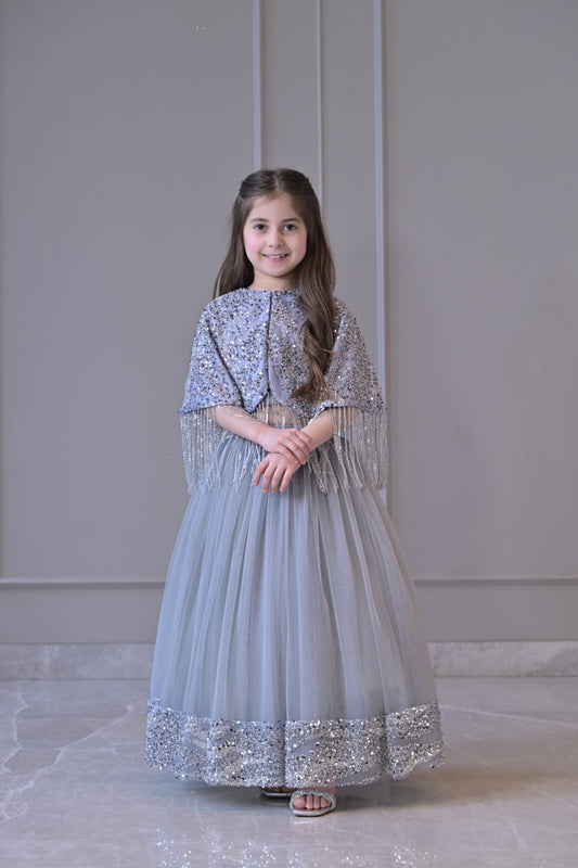 Grey Silver Cape Frill Lehenga Set