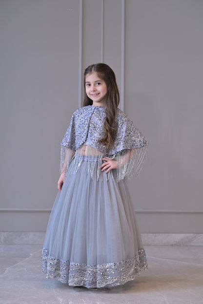 Grey Silver Cape Frill Lehenga Set