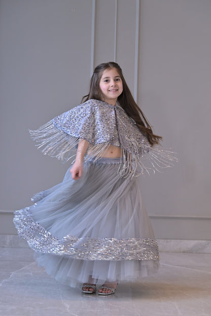Grey Silver Cape Frill Lehenga Set