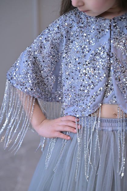 Grey Silver Cape Frill Lehenga Set