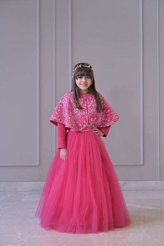 Fuchsia Pink Sequence Cape Lehenga Set