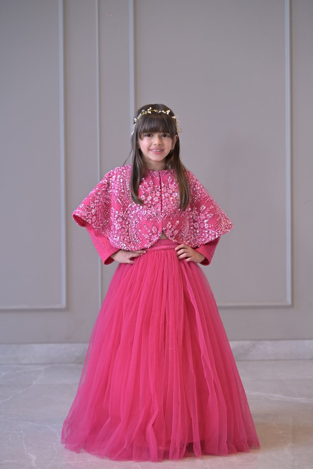 Fuchsia Pink Sequence Cape Lehenga Set